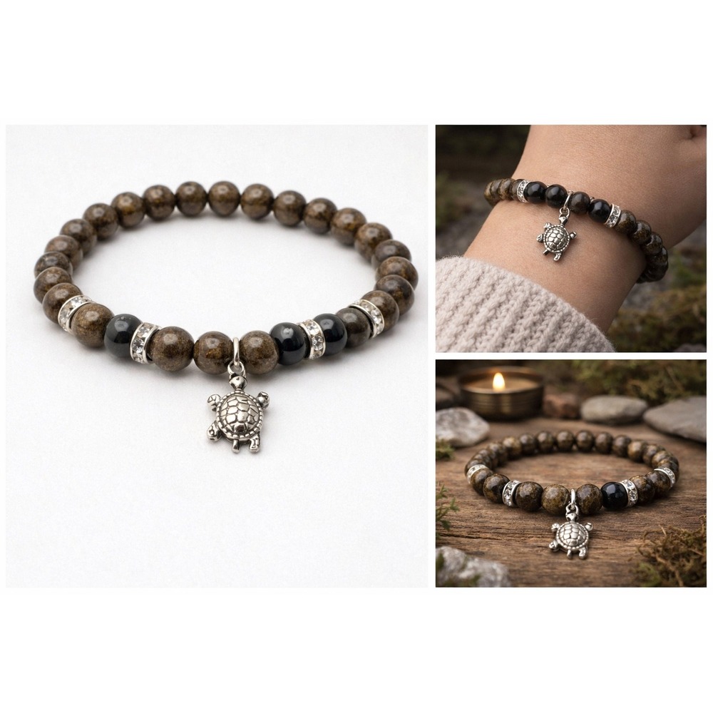 Bronzite and Rainbow Obsidian Bracelet with‎ turtle charm